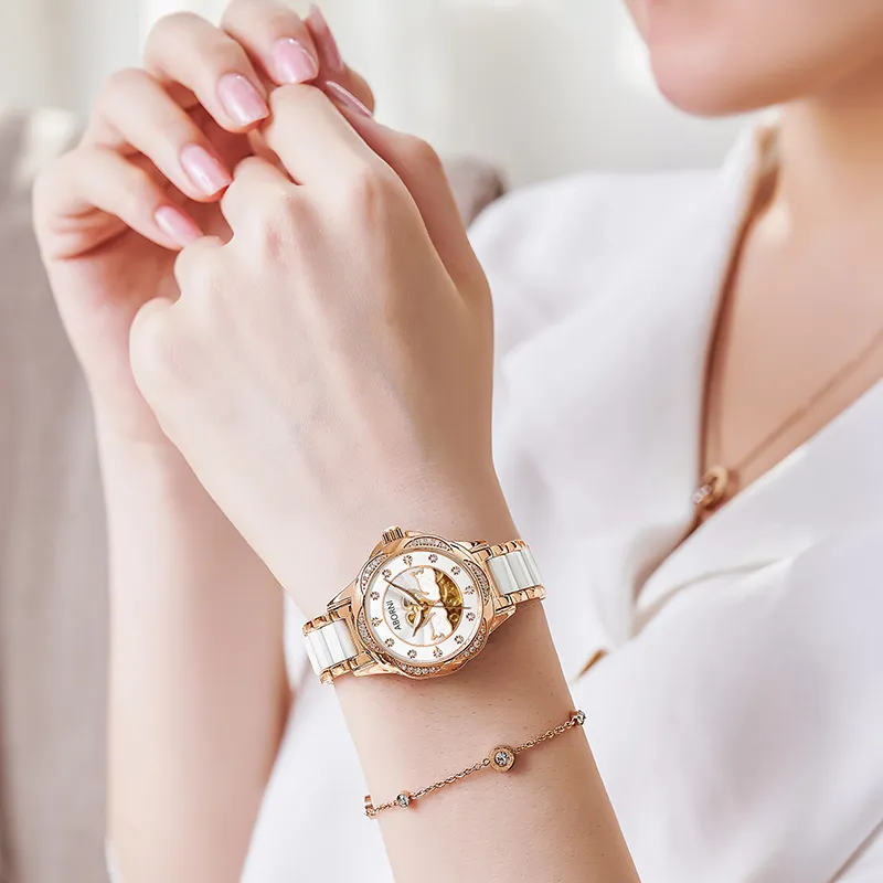 ABORNI Elegant Swan Collection Automatic Mechanical Movement Ceramic Strap Watch Women's Watch White Dial-2