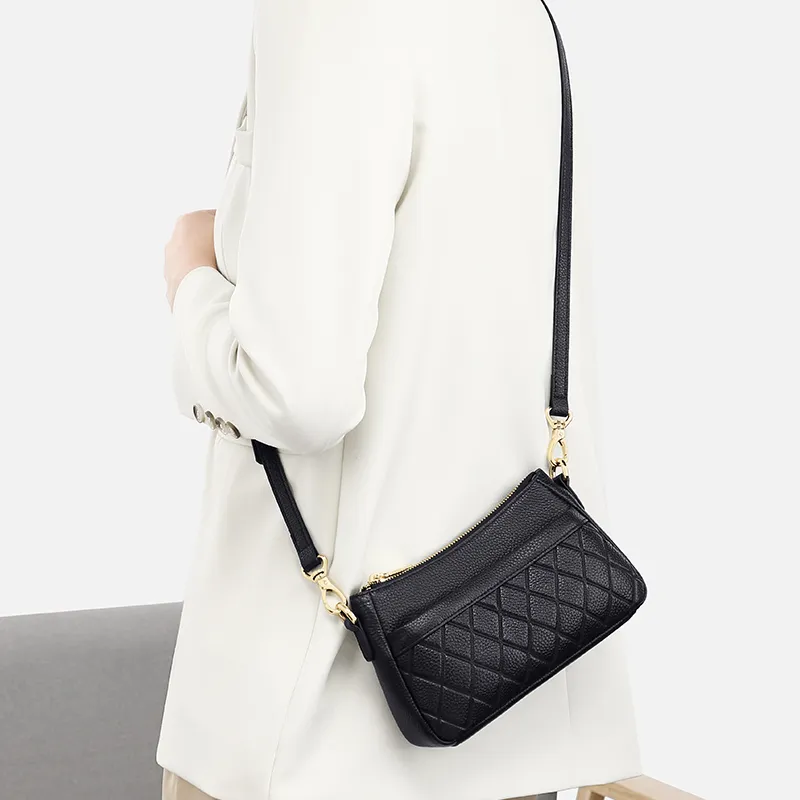 MashaLanti Cow Leather With Synthetic Leather Diamond Pattern Bag, Shoulder Bag, Crossbody Bag Women's Black-7