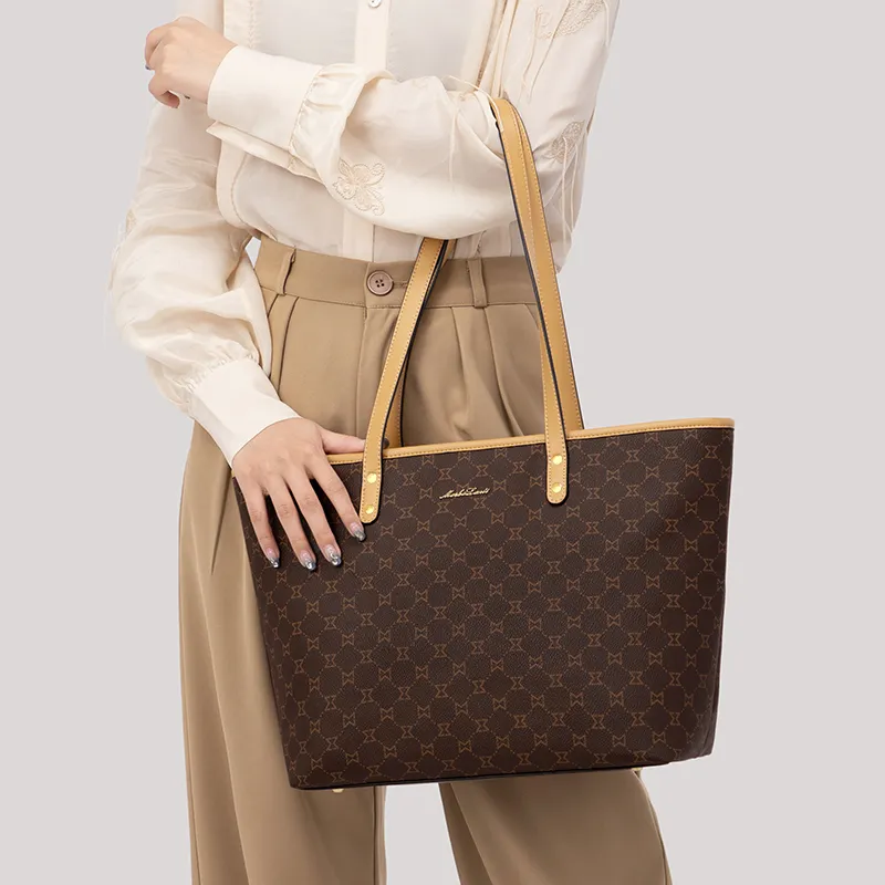 MashaLanti PVC Synthetic Leather Tote Bag Shopping Bag Handbag Shoulder Bag Women's Dark Brown & Apricot-4
