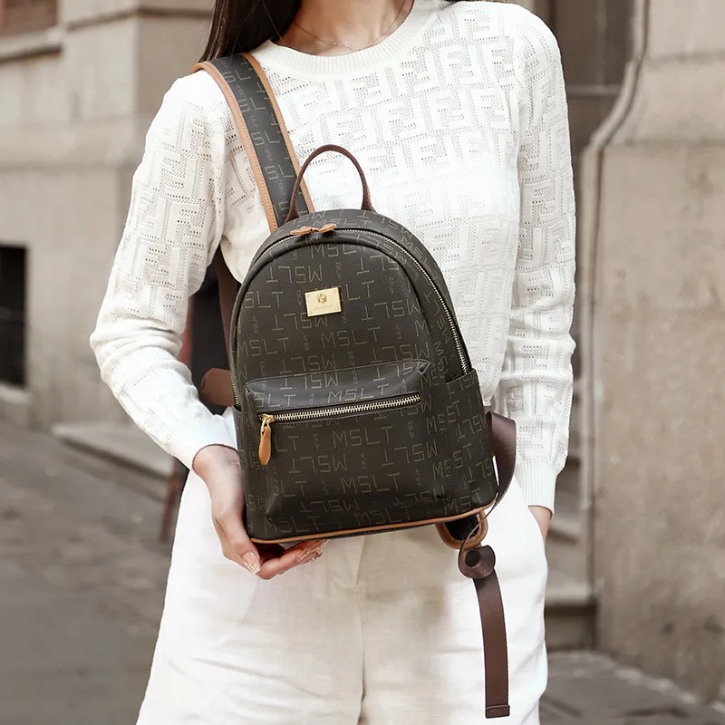 MashaLanti PVC Synthetic Leather Backpack Women's Coffee & Tea Brown/Ecru & Pink-5