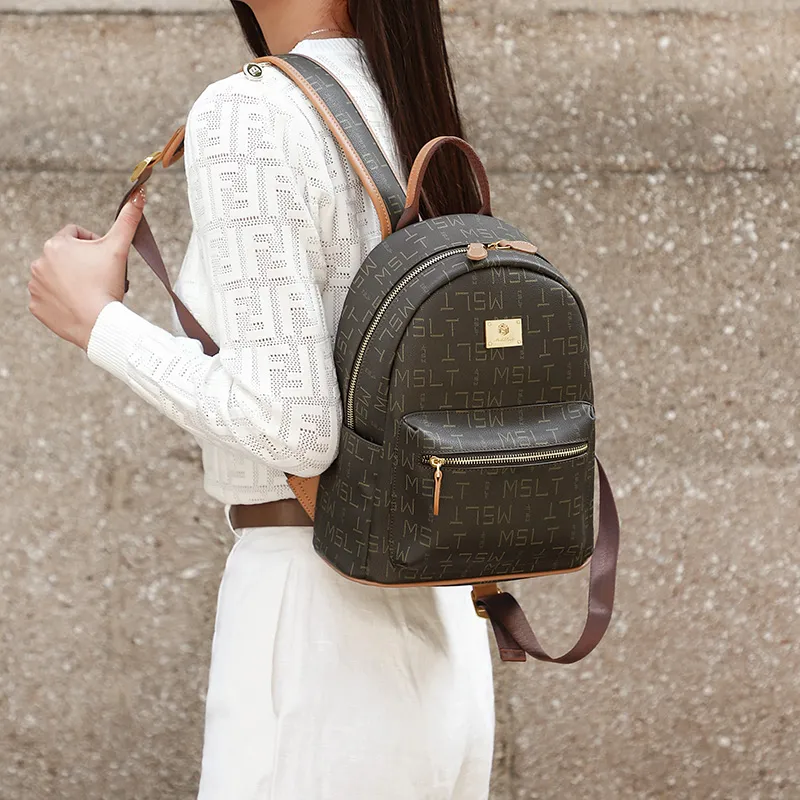 MashaLanti PVC Synthetic Leather Backpack Women's Coffee & Tea Brown/Ecru & Pink-7