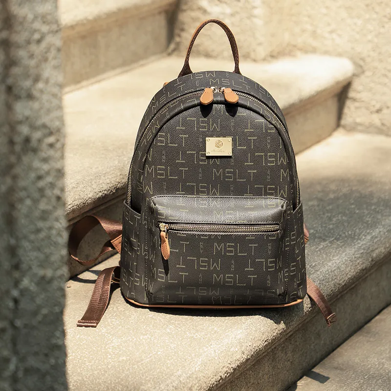 MashaLanti PVC Synthetic Leather Backpack Women's Coffee & Tea Brown/Ecru & Pink-2