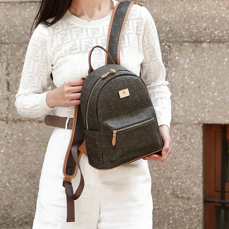 MashaLanti PVC Synthetic Leather Backpack Women's Coffee & Tea Brown/Ecru & Pink-6