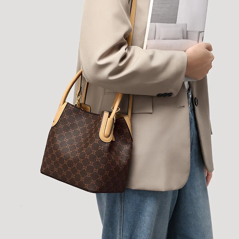 MashaLanti PVC And Synthetic Leather Bucket Bag Crossbody Handbag Women's Dark Brown & Apricot-6