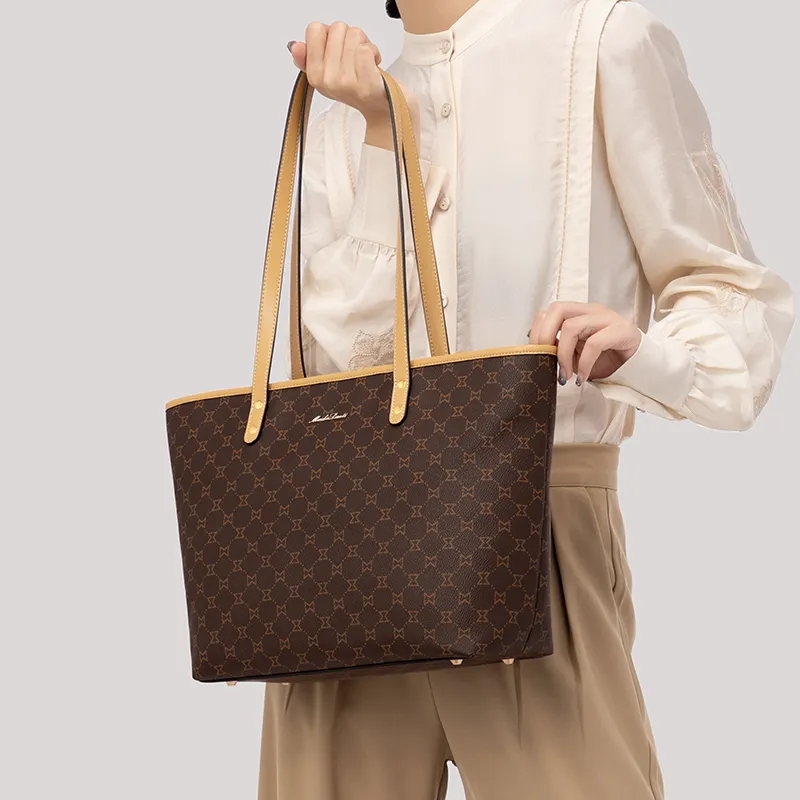 MashaLanti PVC Synthetic Leather Tote Bag Shopping Bag Handbag Shoulder Bag Women's Dark Brown & Apricot-5