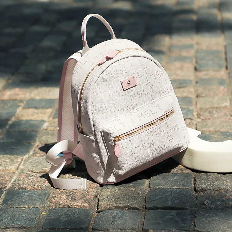 MashaLanti PVC Synthetic Leather Backpack Women's Coffee & Tea Brown/Ecru & Pink-9