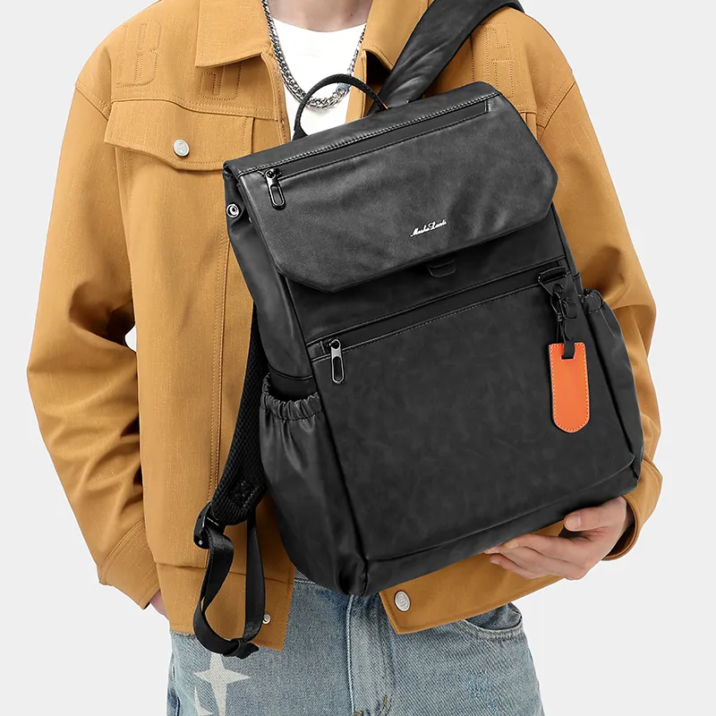 MashaLanti PVC Synthetic Leather Minimalist Style Backpack Regular Unisex Black-4