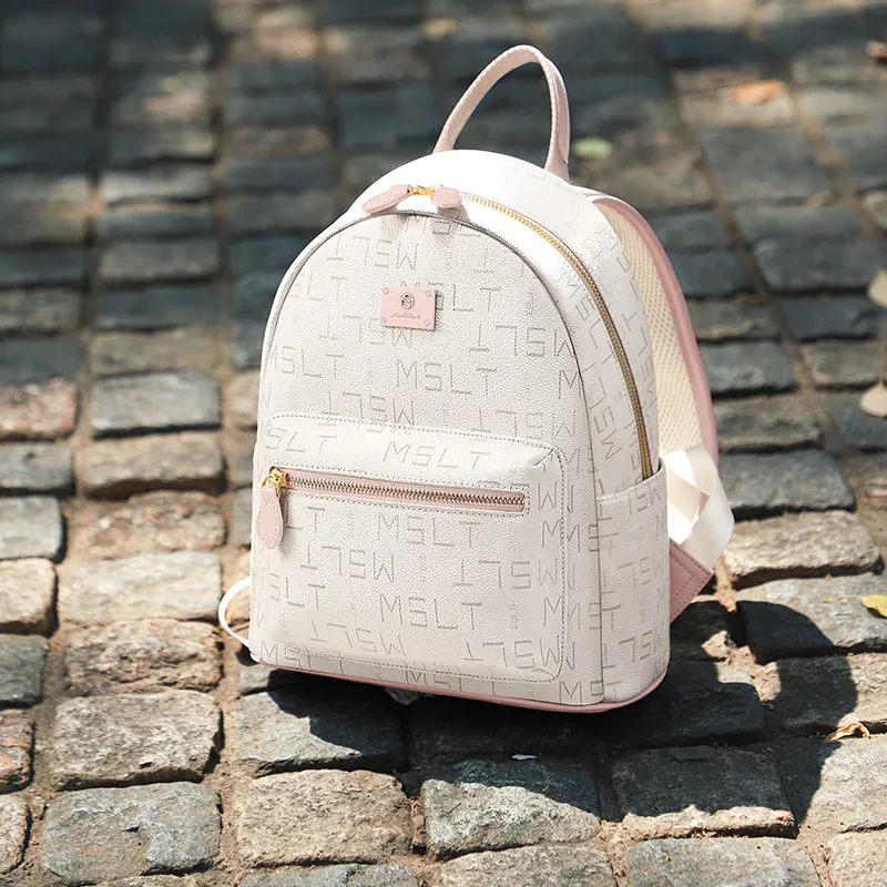 MashaLanti PVC Synthetic Leather Backpack Women's Coffee & Tea Brown/Ecru & Pink-10