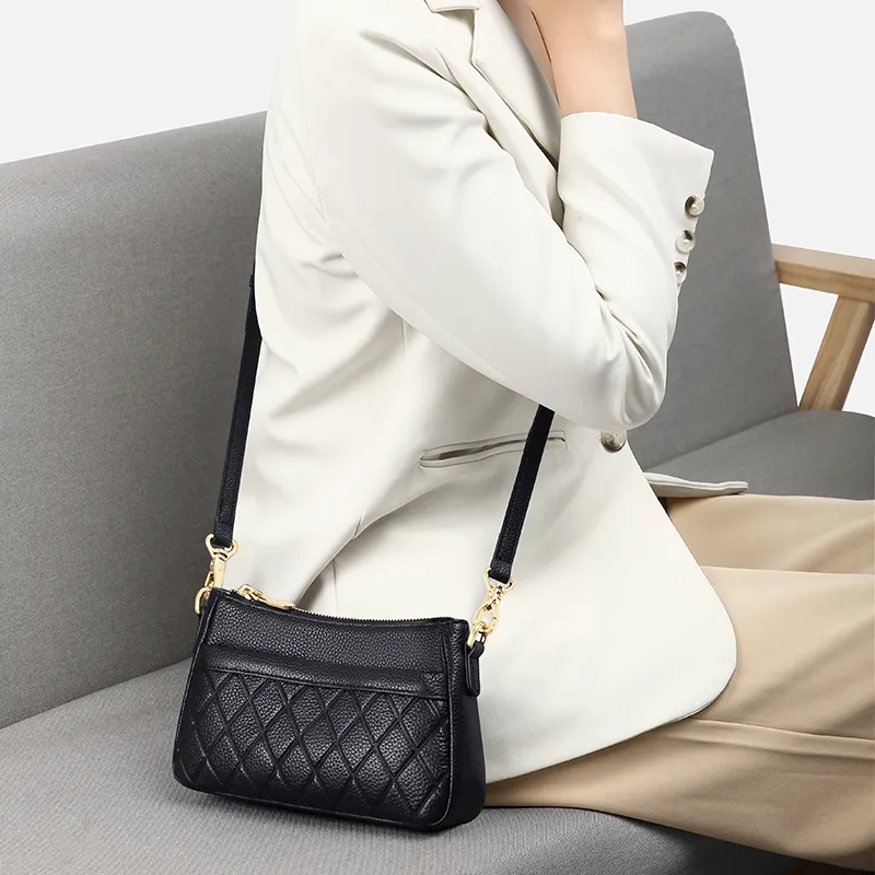 MashaLanti Cow Leather With Synthetic Leather Diamond Pattern Bag, Shoulder Bag, Crossbody Bag Women's Black-6