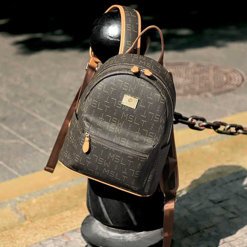 MashaLanti PVC Synthetic Leather Backpack Women's Coffee & Tea Brown/Ecru & Pink-1