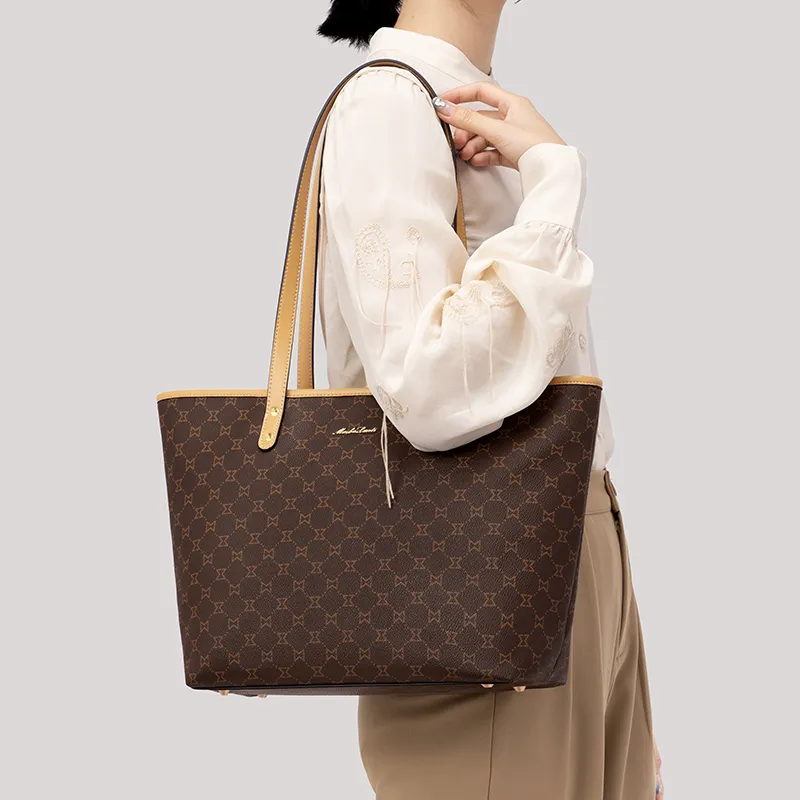 MashaLanti PVC Synthetic Leather Tote Bag Shopping Bag Handbag Shoulder Bag Women's Dark Brown & Apricot-3