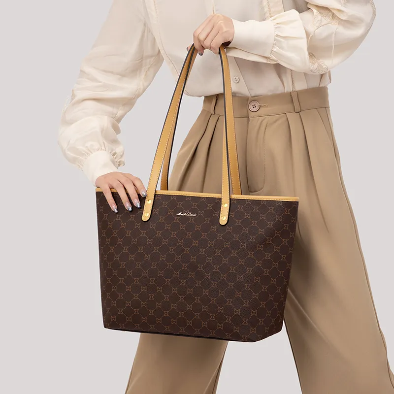MashaLanti PVC Synthetic Leather Tote Bag Shopping Bag Handbag Shoulder Bag Women's Dark Brown & Apricot-6