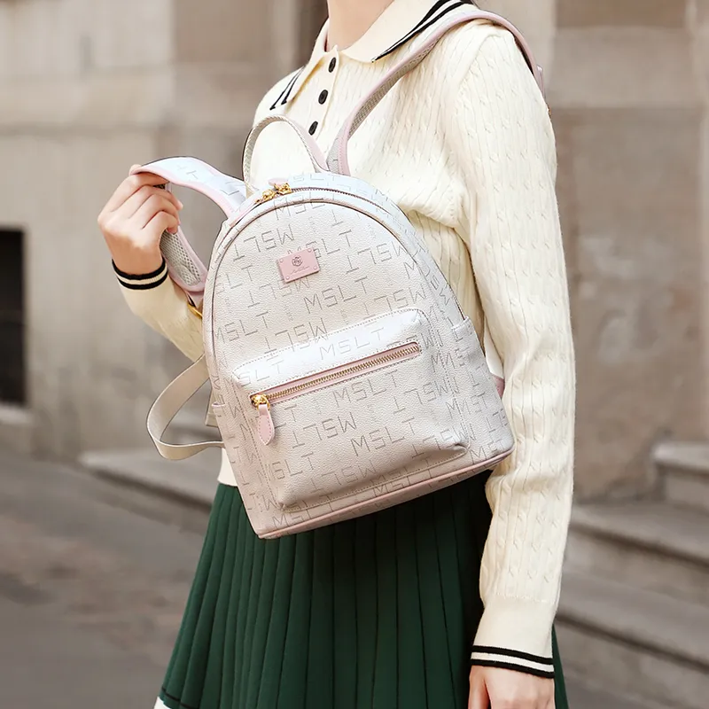 MashaLanti PVC Synthetic Leather Backpack Women's Coffee & Tea Brown/Ecru & Pink-14