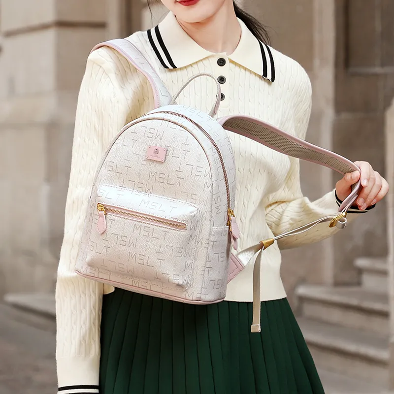 MashaLanti PVC Synthetic Leather Backpack Women's Coffee & Tea Brown/Ecru & Pink-12