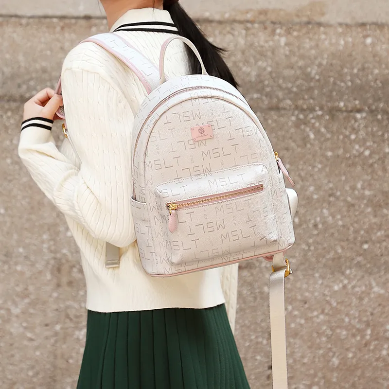 MashaLanti PVC Synthetic Leather Backpack Women's Coffee & Tea Brown/Ecru & Pink-11