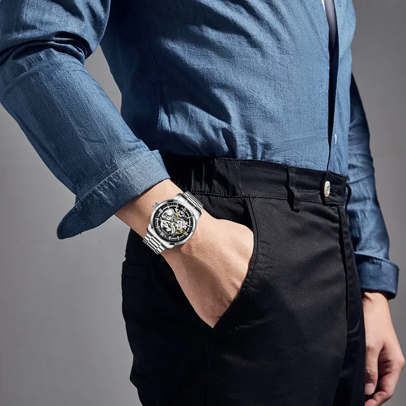 AOUKE China Chic Mechanical Movement Stainless Steel Watchband Watch Men's Watches Cut Out Dial-5