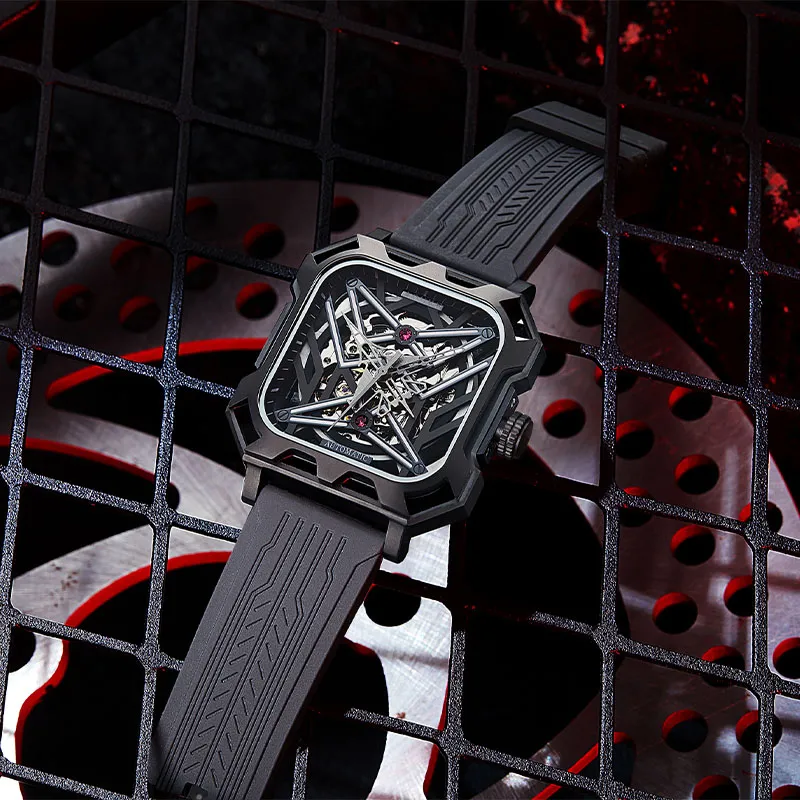 AOUKE Mechanical Movement Silicone Strap Watch Men's Watches Cut Out Dial-13