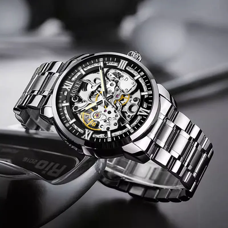AOUKE China Chic Mechanical Movement Stainless Steel Watchband Watch Men's Watches Cut Out Dial-6