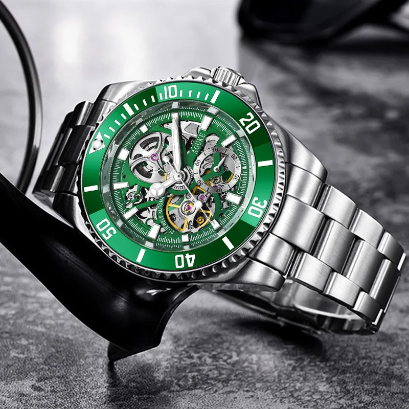 AOUKE Diver Collection Mechanical Movement Stainless Steel Watchband Watch Men's Watches Cut Out Dial-9