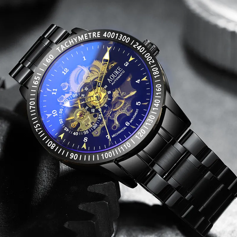 AOUKE Dark Black Warrior Collection Mechanical Movement Stainless Steel Watchband Watch Men's Watches Black Dial-3