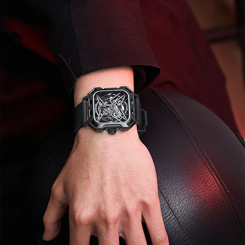 AOUKE Mechanical Movement Silicone Strap Watch Men's Watches Cut Out Dial-2