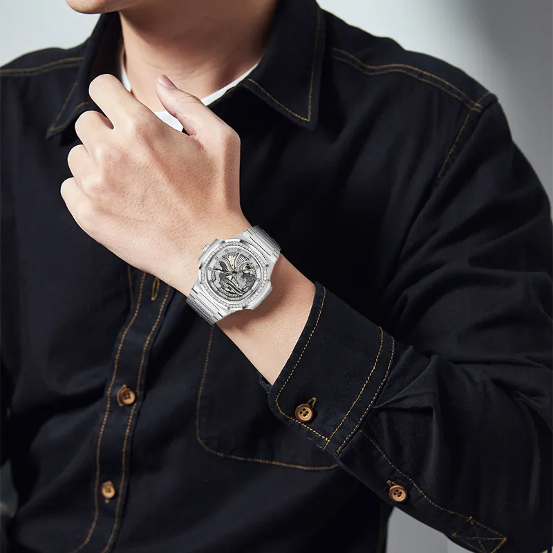 AOUKE Automatic Mechanical Movement Steel Strap Watch Men's Watches Gray Dial-0