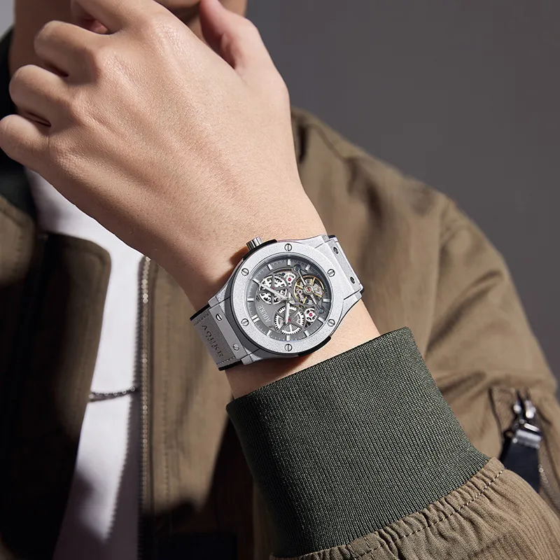 AOUKE Mechanical Movement Silicone Strap Watch Unisex Cut Out Dial-3