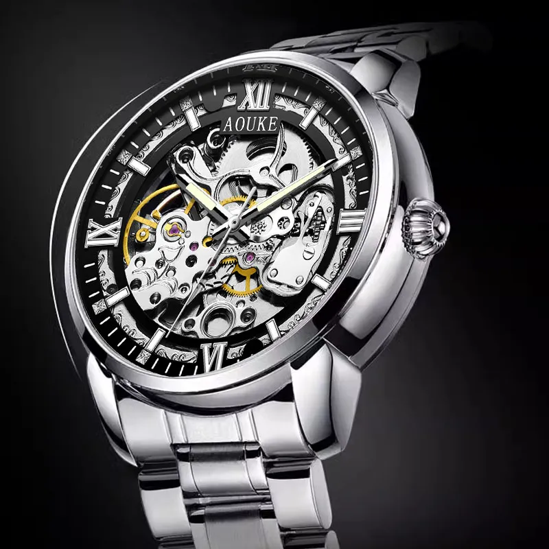 AOUKE China Chic Mechanical Movement Stainless Steel Watchband Watch Men's Watches Cut Out Dial-7