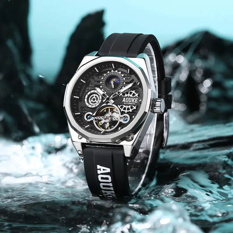 AOUKE Black Tech Collection Mechanical Movement Silicone Strap Watch Unisex Black Dial-2