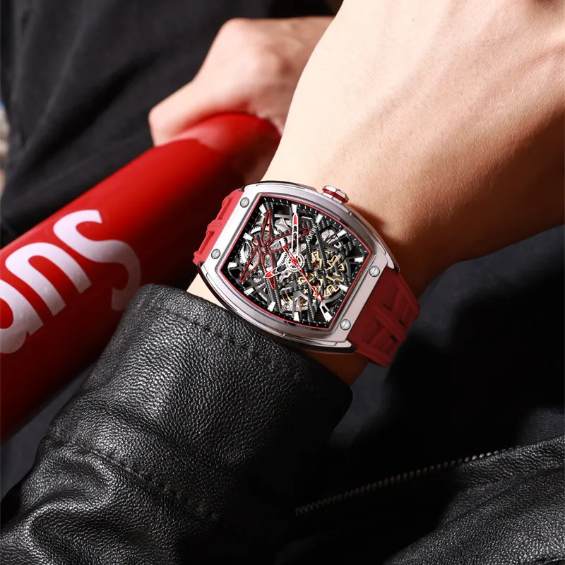 AOUKE Mechanical Movement Silicone Strap Watch Unisex Cut Out Dial-7