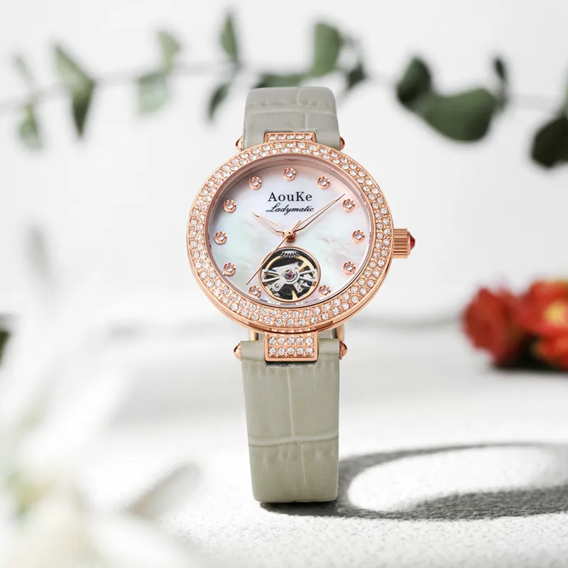 AOUKE Mechanical Movement Genuine Leather Strap Watch Women's Watch Mother of Pearl Color Watch Dial-3