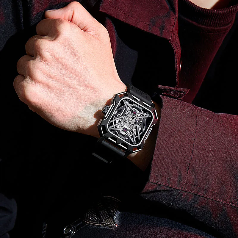 AOUKE Mechanical Movement Silicone Strap Watch Men's Watches Cut Out Dial-8