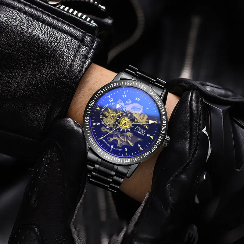 AOUKE Dark Black Warrior Collection Mechanical Movement Stainless Steel Watchband Watch Men's Watches Black Dial-4