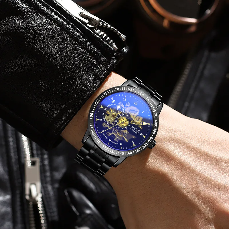 AOUKE Dark Black Warrior Collection Mechanical Movement Stainless Steel Watchband Watch Men's Watches Black Dial-2