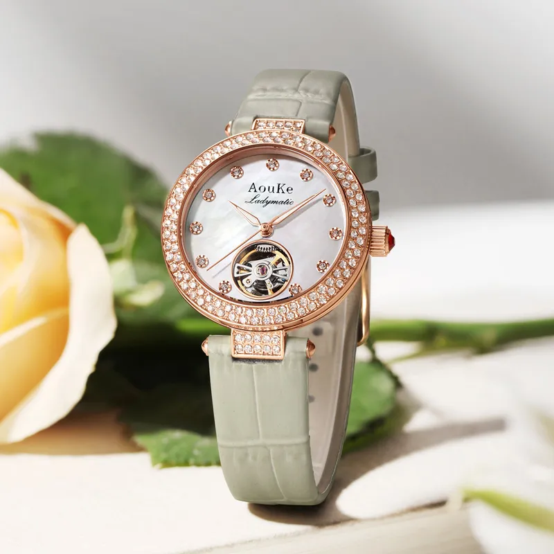 AOUKE Mechanical Movement Genuine Leather Strap Watch Women's Watch Mother of Pearl Color Watch Dial-25
