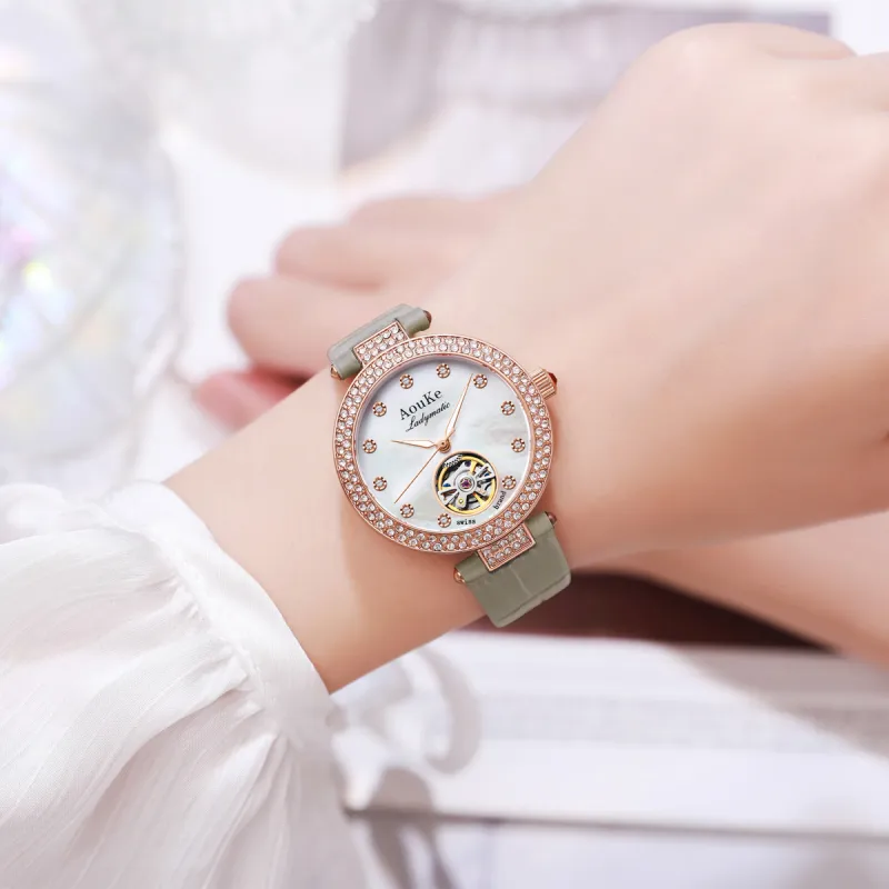 AOUKE Mechanical Movement Genuine Leather Strap Watch Women's Watch Mother of Pearl Color Watch Dial-9