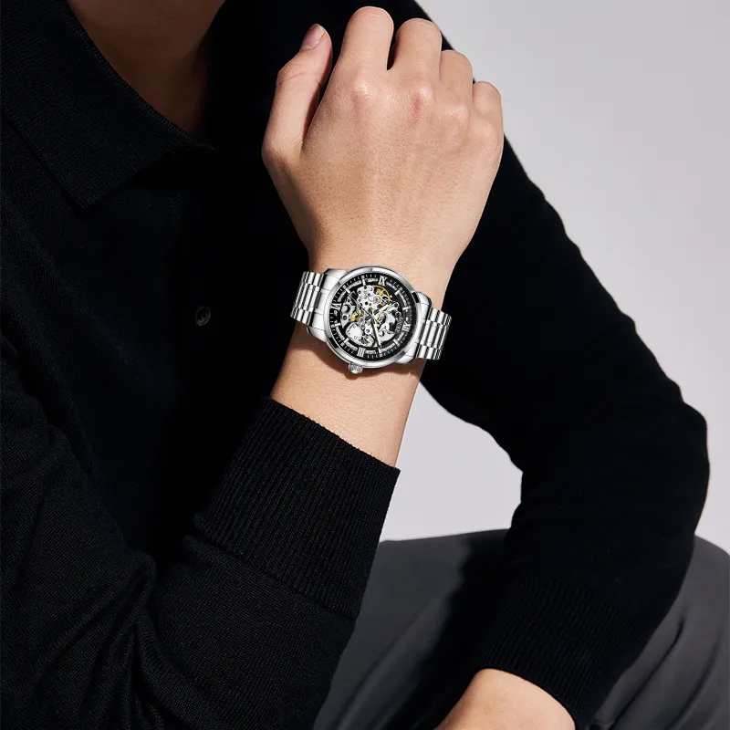 AOUKE China Chic Mechanical Movement Stainless Steel Watchband Watch Men's Watches Cut Out Dial-2