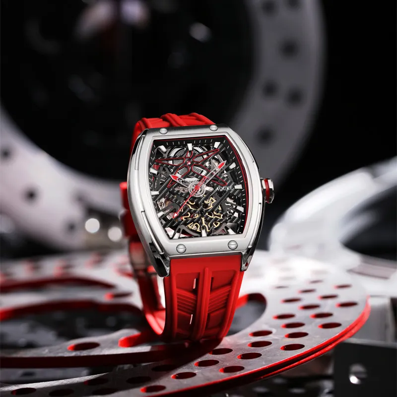 AOUKE Mechanical Movement Silicone Strap Watch Men's Watches Cut-Out Dial-6