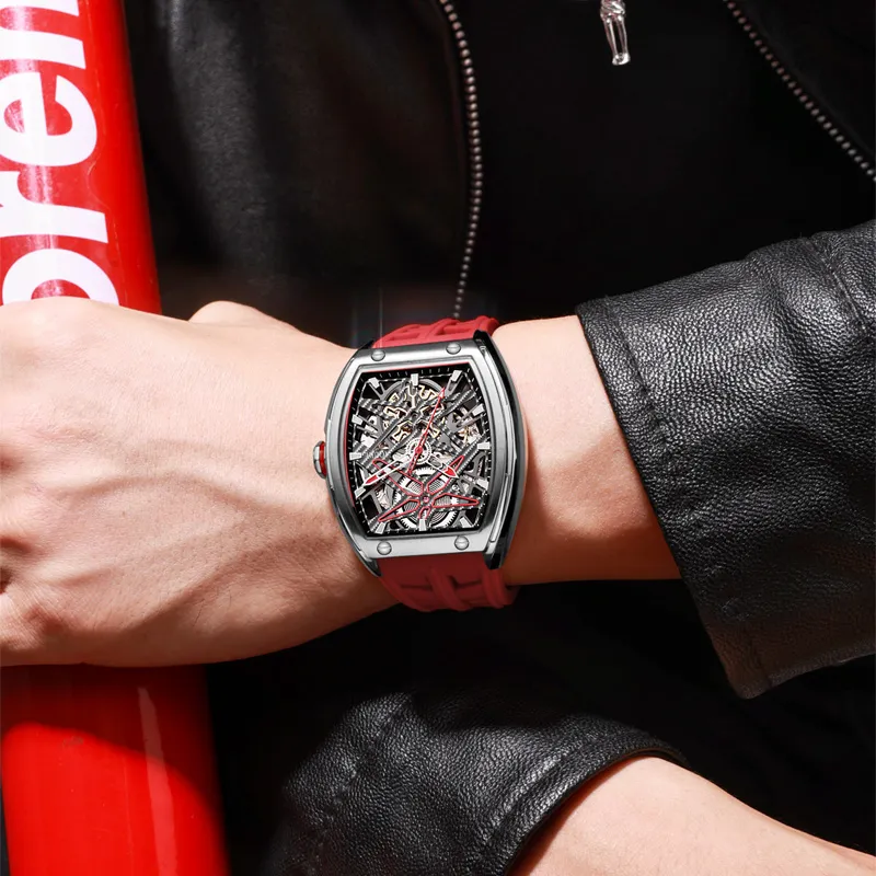 AOUKE Mechanical Movement Silicone Strap Watch Men's Watches Cut-Out Dial-4