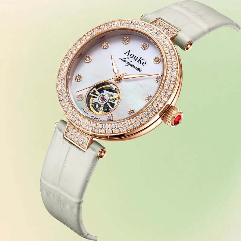 AOUKE Mechanical Movement Genuine Leather Strap Watch Women's Watch Mother of Pearl Color Watch Dial-19
