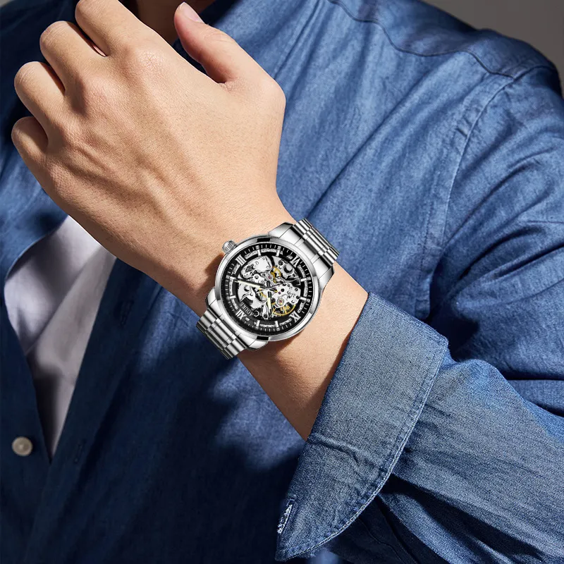 AOUKE China Chic Mechanical Movement Stainless Steel Watchband Watch Men's Watches Cut Out Dial-4