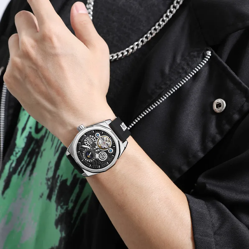AOUKE Black Tech Collection Mechanical Movement Silicone Strap Watch Unisex Black Dial-1