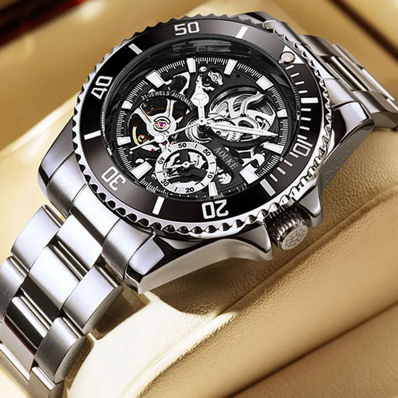 AOUKE Diver Collection Mechanical Movement Stainless Steel Watchband Watch Men's Watches Cut Out Dial-4