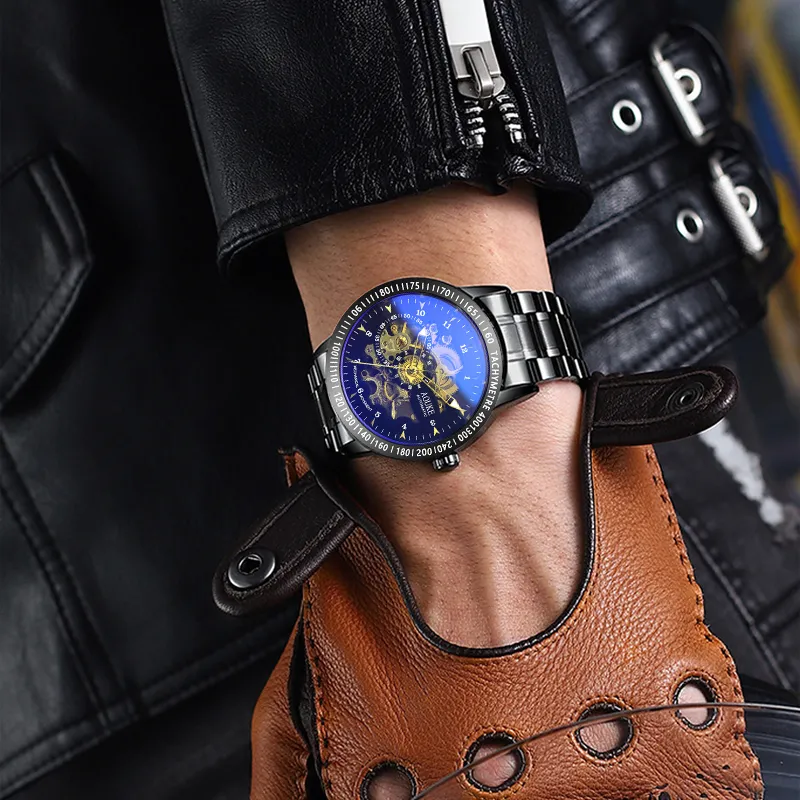 AOUKE Dark Black Warrior Collection Mechanical Movement Stainless Steel Watchband Watch Men's Watches Black Dial-1