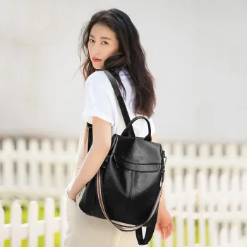 VANDEE Microfiber With Cow Leather Backpack Women's Black