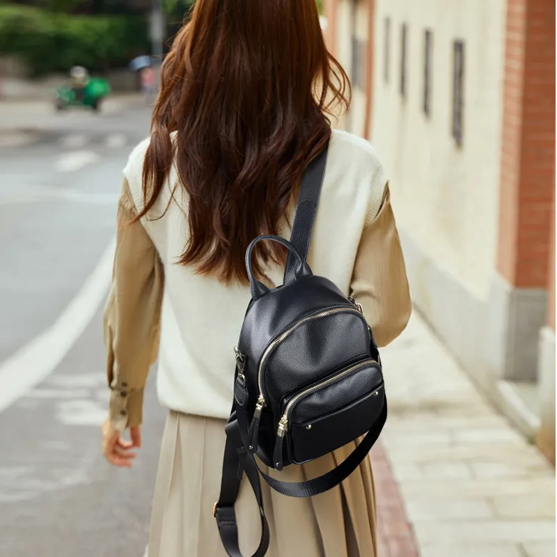 VANDEE Cow Leather Backpack Shoulder Bag Medium Size Women's Black-3