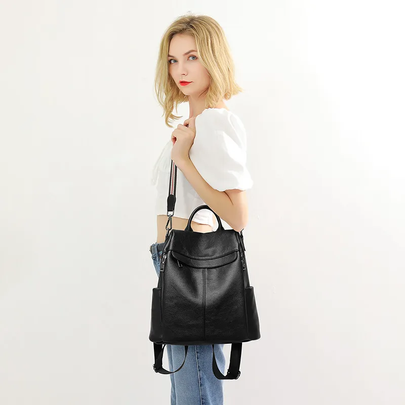 VANDEE Microfiber With Cow Leather Backpack Women's Black-5