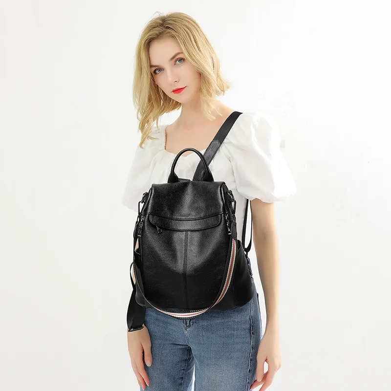 VANDEE Microfiber With Cow Leather Backpack Women's Black-3