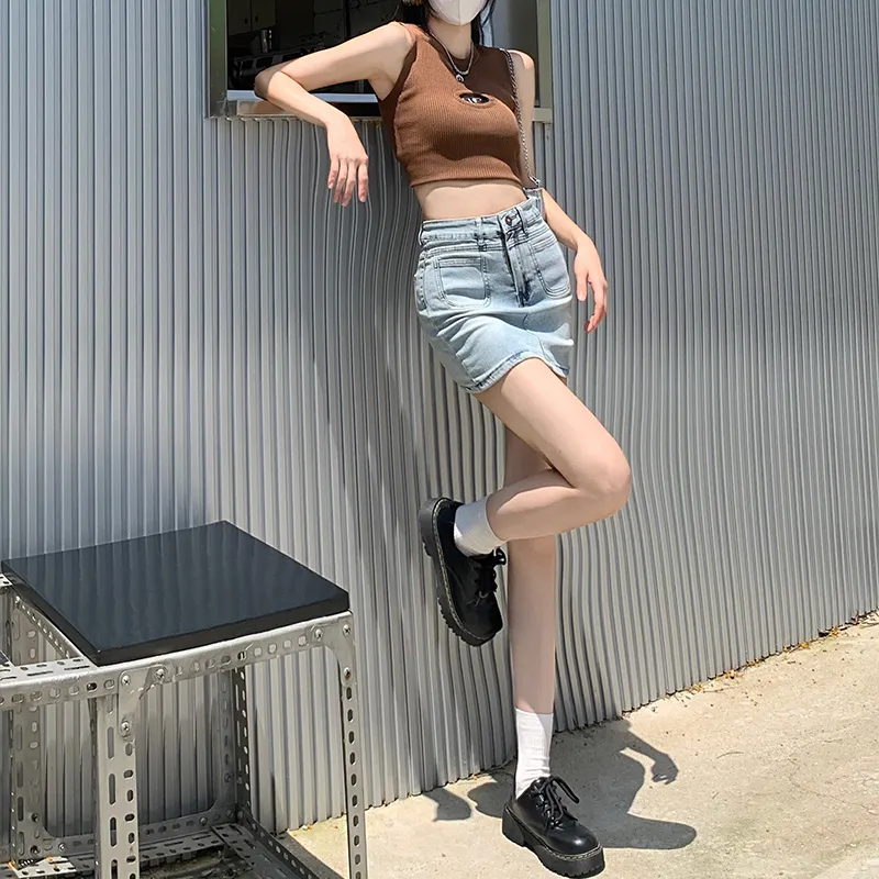 Wen Shan Denim Short Skirts Women's Vintage Blue-2