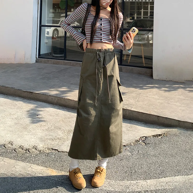 Wen Shan Denim Long Skirt Women's Army Green-3